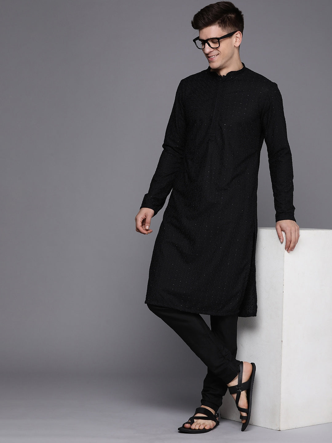 Manyavar Men Black Mandarin Collar Kurta Set - Distacart