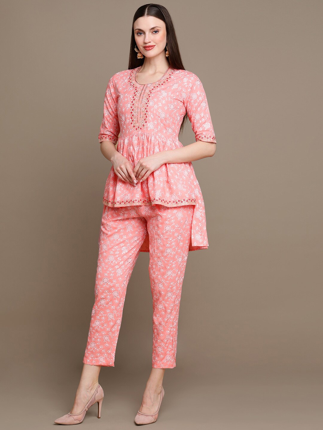 HERE&NOW Floral Printed Embroidered Sequinned High-Low Kurti with Trouserss - Distacart