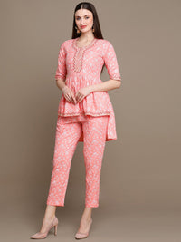 Thumbnail for HERE&NOW Floral Printed Embroidered Sequinned High-Low Kurti with Trouserss - Distacart