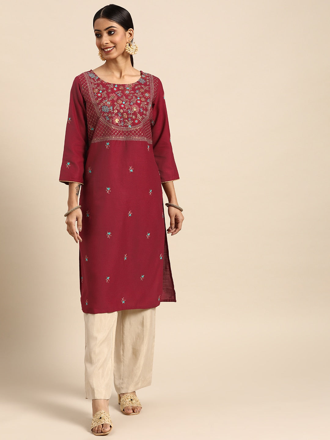 Sangria Women Red Yoke Design Sequined Kurta - Distacart
