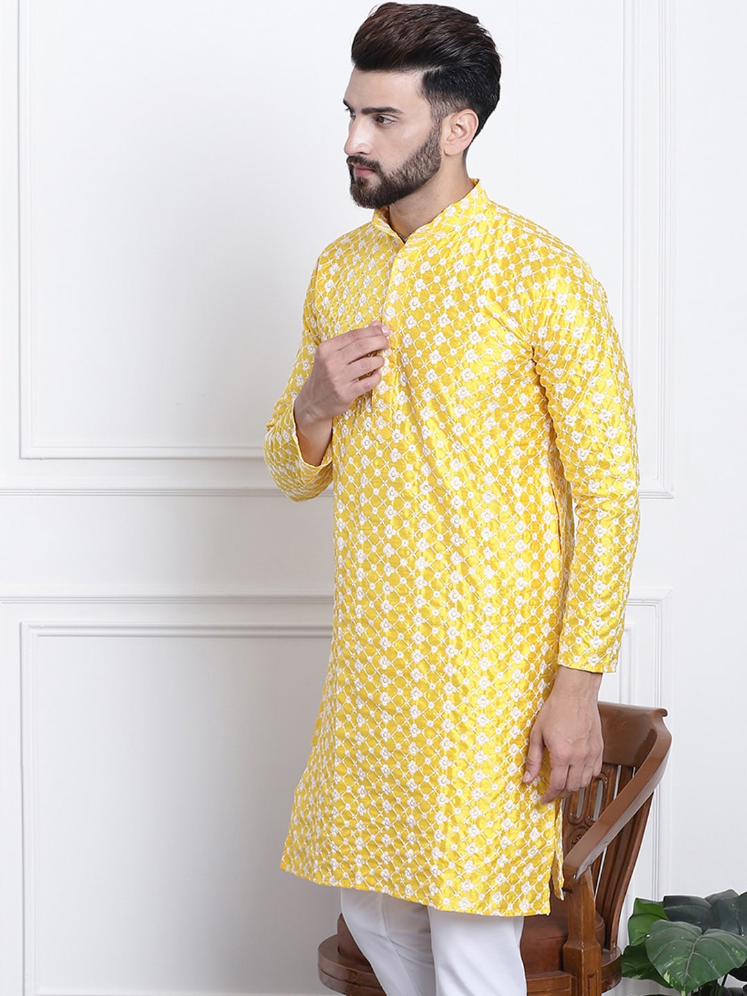 Sojanya Men Yellow & White Ethnic Motifs Embroidered Straight Kurta - Distacart
