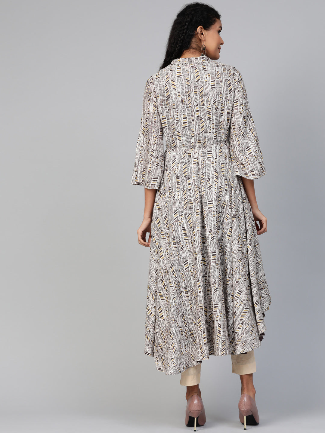 Biba Women Coffee Brown & Off-White Printed A-Line Kurta with Printed Layer - Distacart