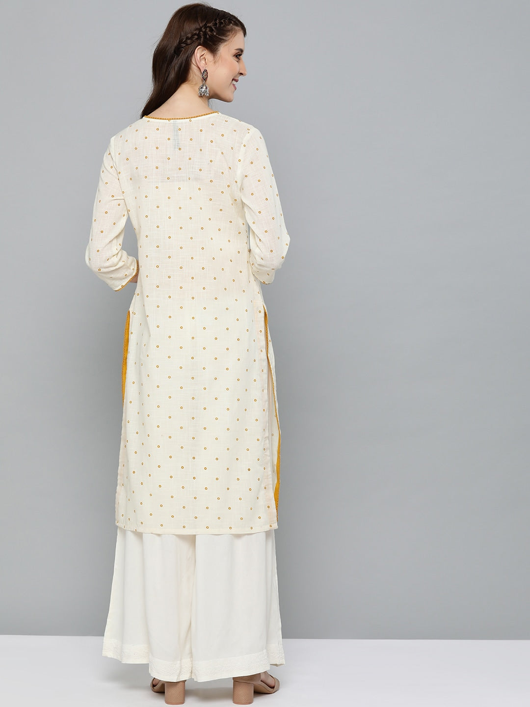 HERE&NOW Women Off-White & Mustard Yellow Geometric Printed Straight Kurta - Distacart