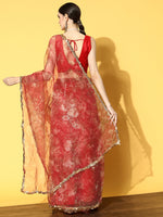 Thumbnail for Tikhi Imli Red Floral Sequinned Organza Saree - Distacart
