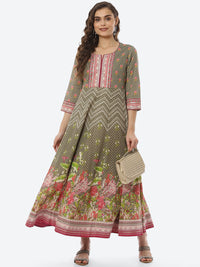 Thumbnail for Biba Women Olive Green Ethnic Motifs Printed Anarkali Kurta - Distacart