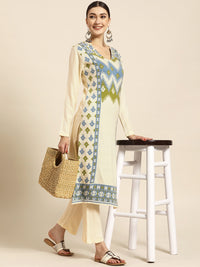 Thumbnail for Sangria Women Off White Ethnic Motifs Self Design Winter Kurta with Trousers - Distacart