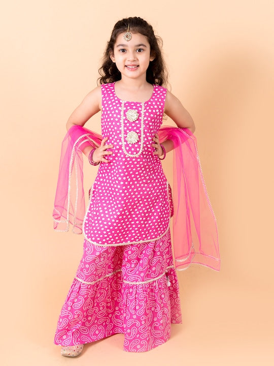 Girls Purple Ethnic Motifs Printed Pure Cotton Kurta With Sharara With Dupatta - Mini Marvels - Distacart