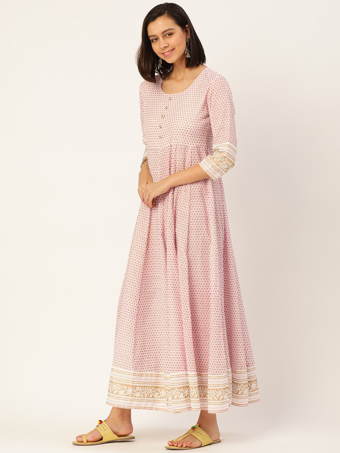 HERE&NOW Women White And Pink Polka Dot Print Cotton Anarkali Kurta With Dupatta - Distacart