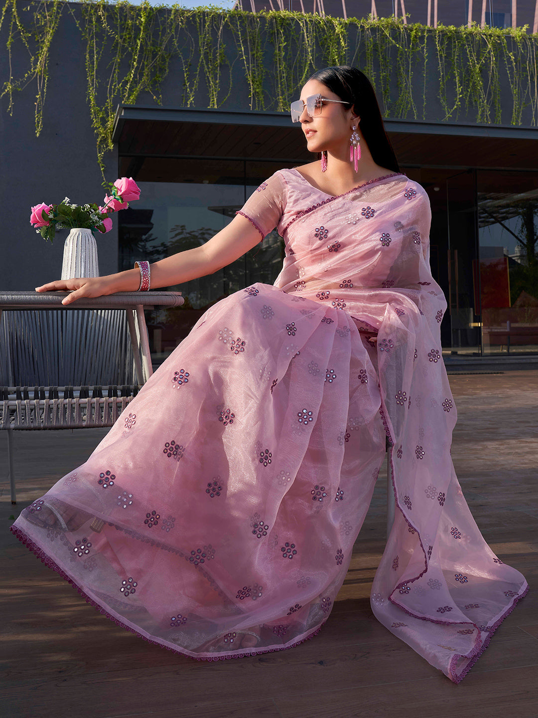 Tikhi Imli Floral Mirror Work Organza Saree - Distacart