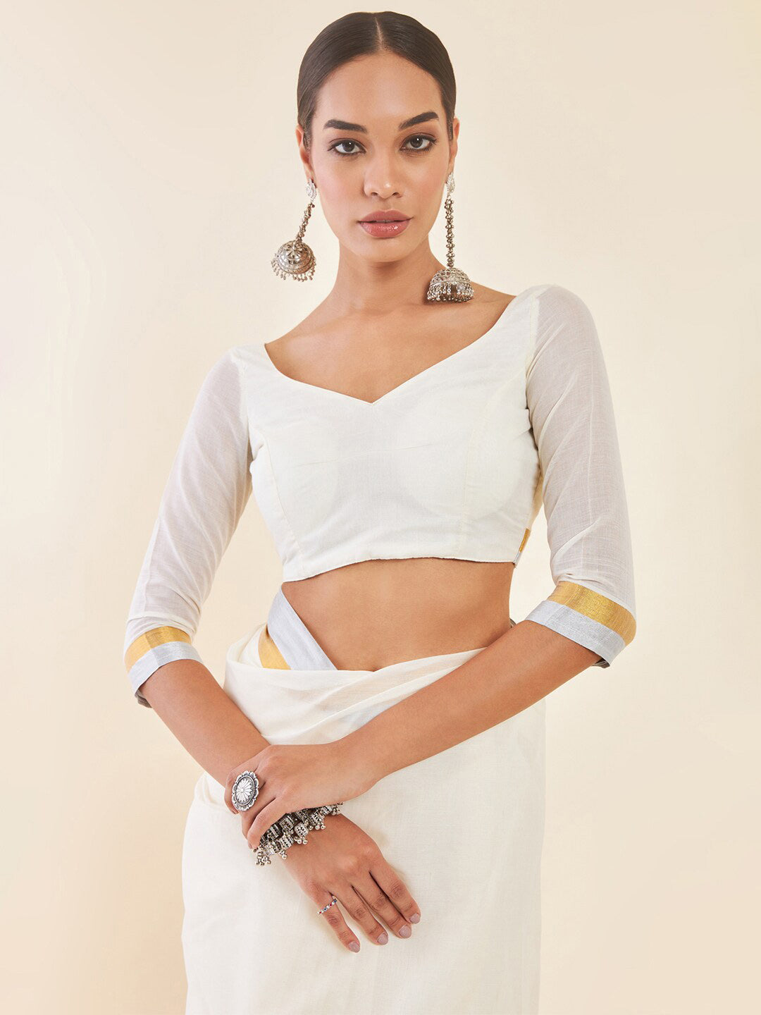 Soch Off-White & Silver-Toned Zari Pure Cotton Kasavu Saree - Distacart