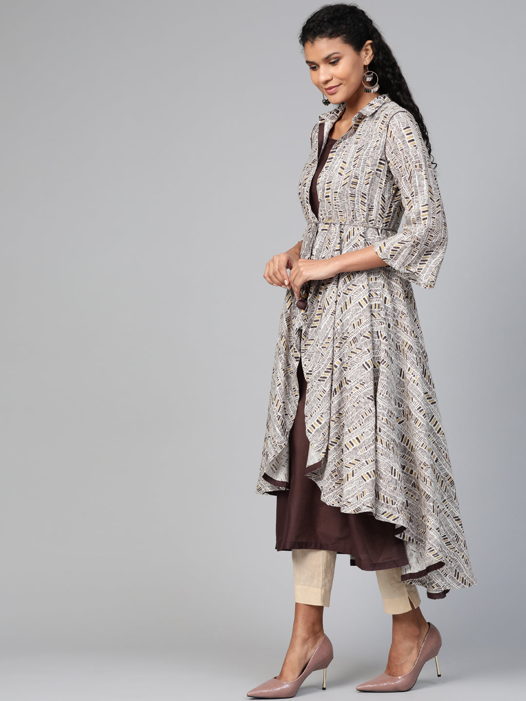 Biba Women Coffee Brown & Off-White Printed A-Line Kurta with Printed Layer - Distacart