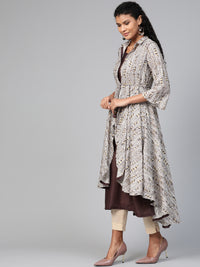 Thumbnail for Biba Women Coffee Brown & Off-White Printed A-Line Kurta with Printed Layer - Distacart