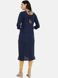 Thumbnail for Souchii Navy Blue & Gold-Toned Striped A-Line Kurta - Distacart