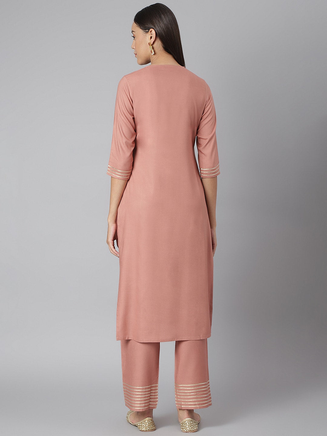 Khushal K Women Peach-Coloured Slim Fit Yoke Design Kurta with Palazzos - Distacart