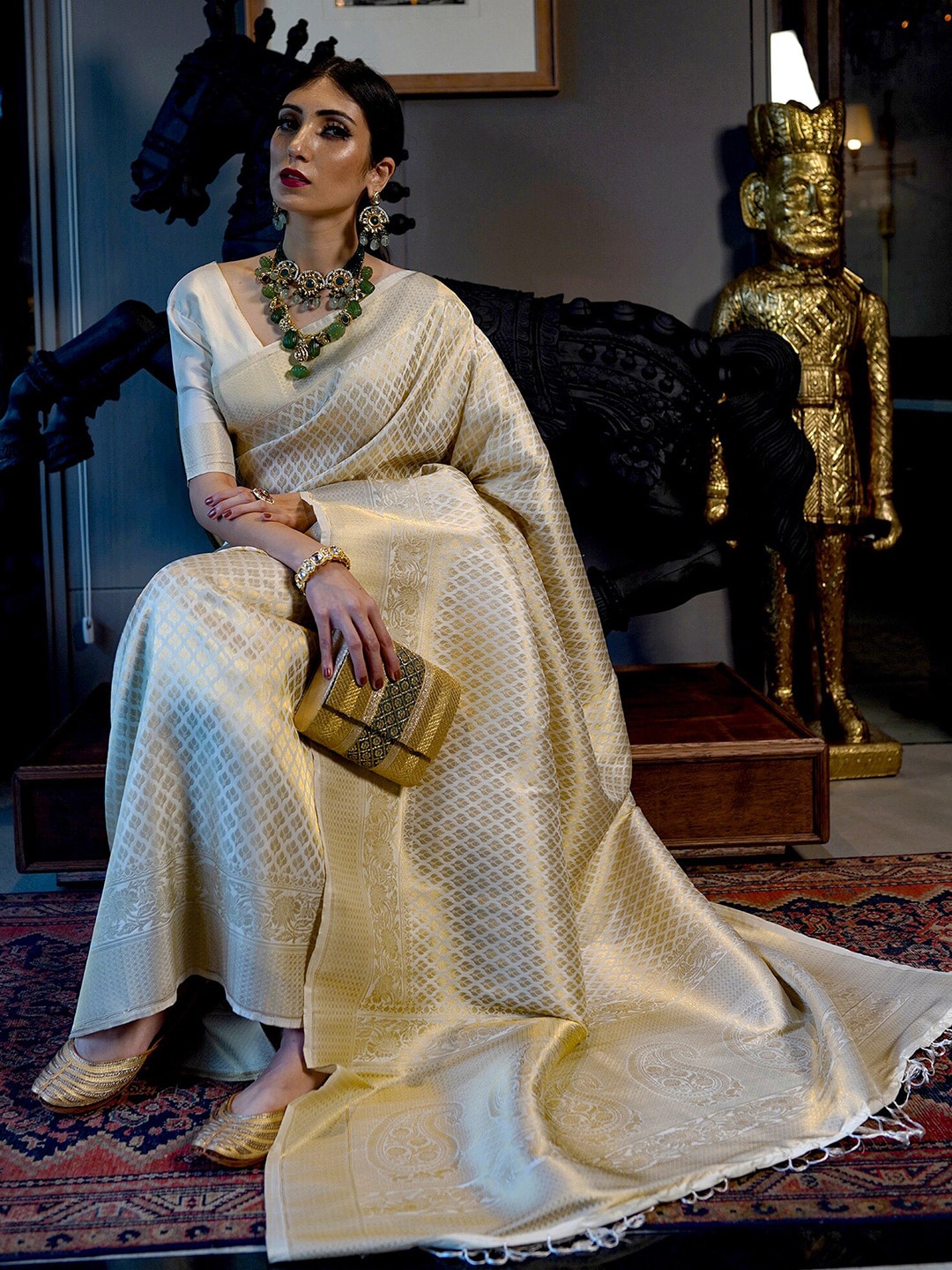 Mitera Cream-Coloured & Gold-Toned Ethnic Motifs Zari Silk Blend Kanjeevaram Saree - Distacart