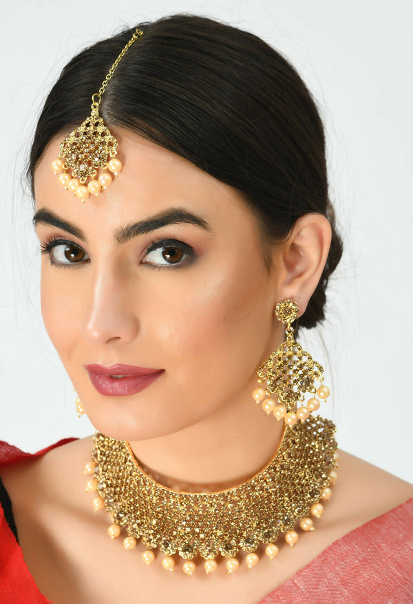 Mominos Fashion Johar Kamal Traditional Rajwadi Design Heavy Golden Color Necklace Set - Distacart