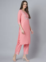 Thumbnail for Khushal K Women Pink Yoke Design Embroirdered Kurta with Trousers - Distacart