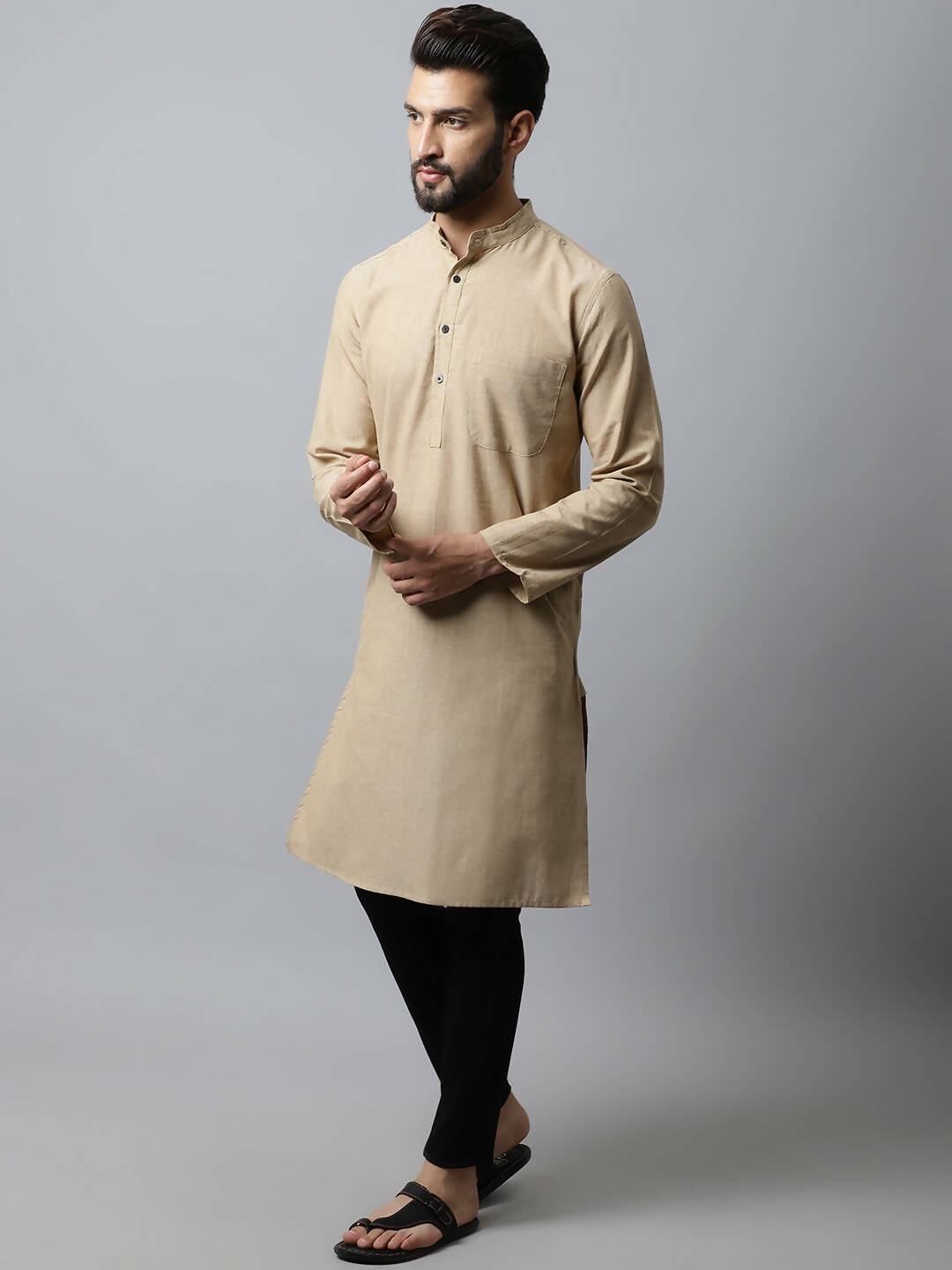 Even Apparels Beige Color Pure Cotton Men's Kurta With Band Collar (SLD1196) - Distacart