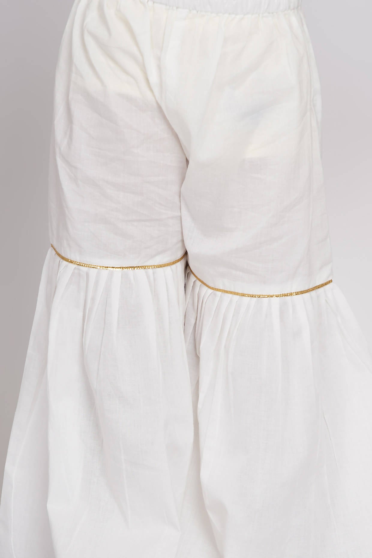 Little Bansi Cotton Floral Embroidery Frock Kurta with Sharara & Dupatta - White - Distacart