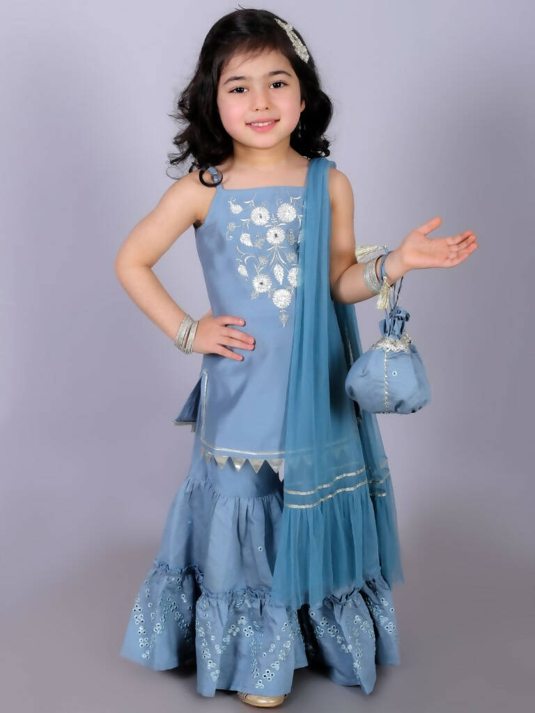 Lil Drama Ethnic Girls Blue Kurta with Sharara and dupatta set - Distacart