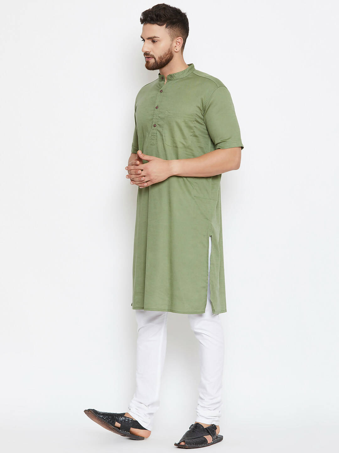 Even Apparels Green Color Pure Cotton Men's Kurta With Band Collar - Distacart