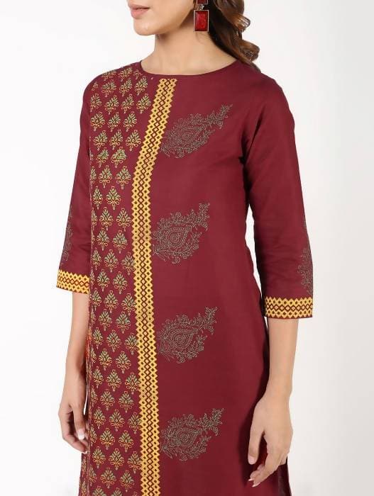 Aniyah Cotton Block Printed Maroon Straight Kurta (AN-141K)