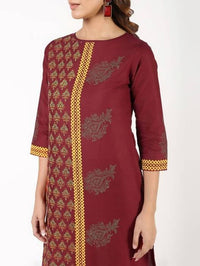 Thumbnail for Aniyah Cotton Block Printed Maroon Straight Kurta (AN-141K)
