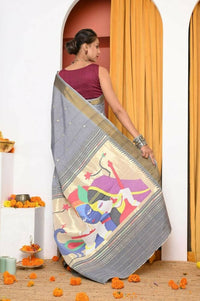 Thumbnail for Very Much Indian Handloom Grey Cotton Paithani With Radha Krishna Pallu - Distacart