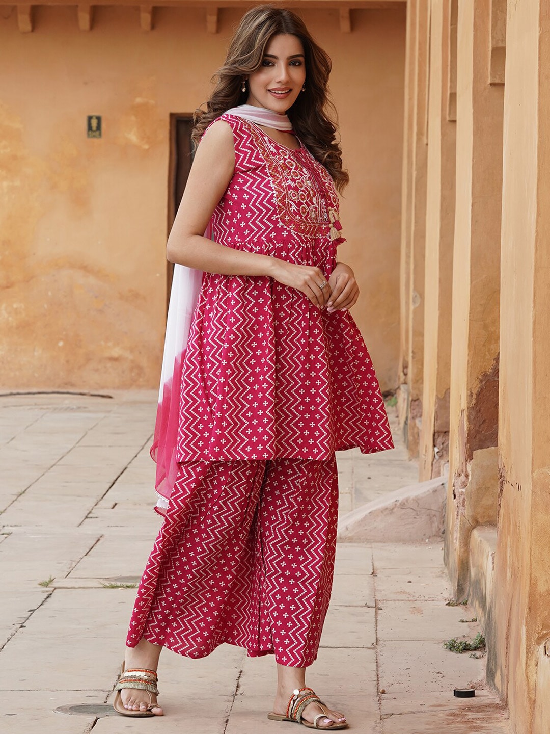 Kalini Ethnic Motifs Printed A-Line Kurta With Sharara & Dupatta - Distacart