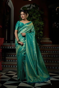 Thumbnail for Vardha Pacific Blue Copper-Silver Zari Kanjeevaram Silk Saree