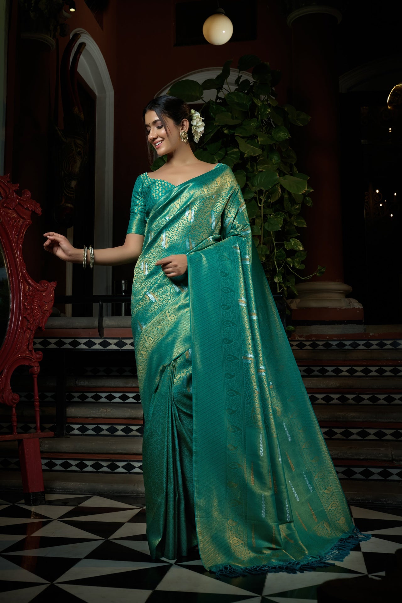 Vardha Pacific Blue Copper-Silver Zari Kanjeevaram Silk Saree