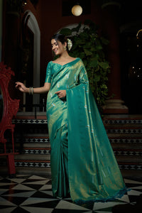Thumbnail for Vardha Pacific Blue Copper-Silver Zari Kanjeevaram Silk Saree