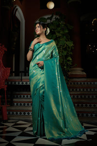 Thumbnail for Vardha Pacific Blue Copper-Silver Zari Kanjeevaram Silk Saree