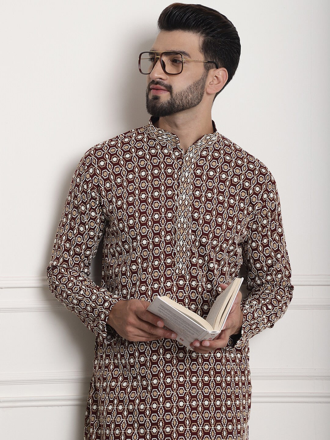 Sojanya Geometric Embroidered Mandarin Collar Kurta - Distacart