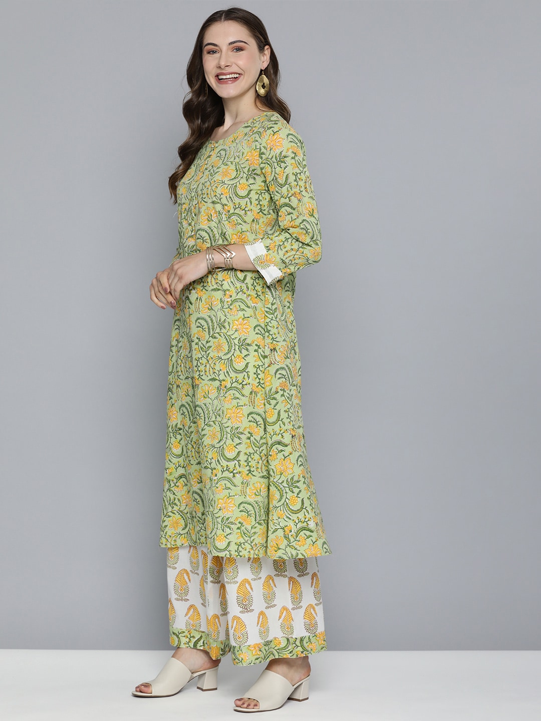 HERE&NOW Floral Printed Regular Pure Cotton Kurta with Palazzos & With Dupatta - Distacart