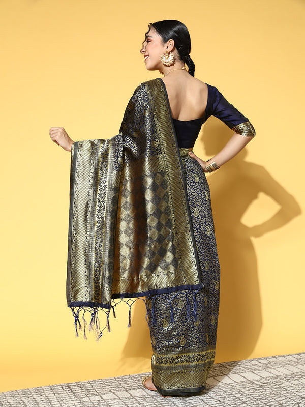 Saree Mall Navy Blue & Gold-Toned Ethnic Motifs Zari Silk Blend Banarasi Sarees - Distacart