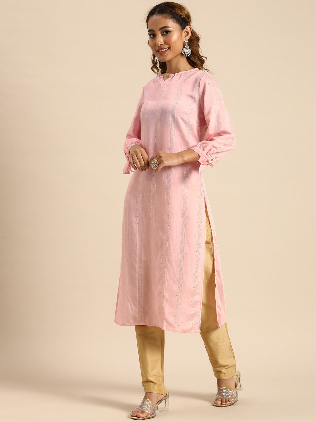 Sangria Women Pink Sequined Jacquard Chanderi Silk Kurta - Distacart