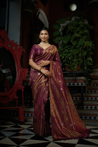 Thumbnail for Vardha Myrtle Wine Copper-Silver Zari Kanjeevaram Silk Saree