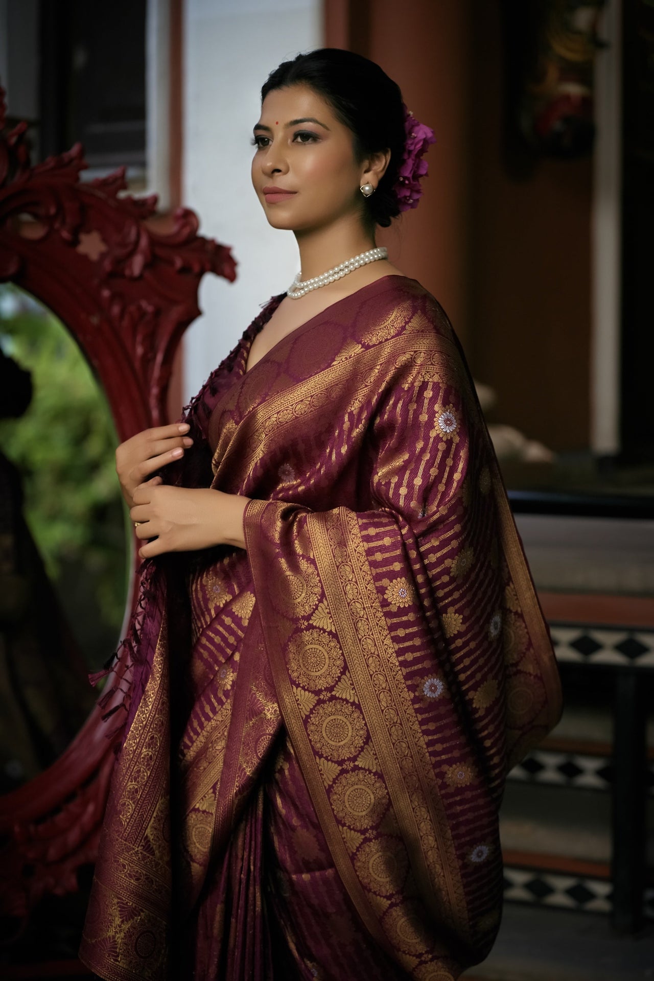 Vardha Myrtle Wine Copper-Silver Zari Kanjeevaram Silk Saree