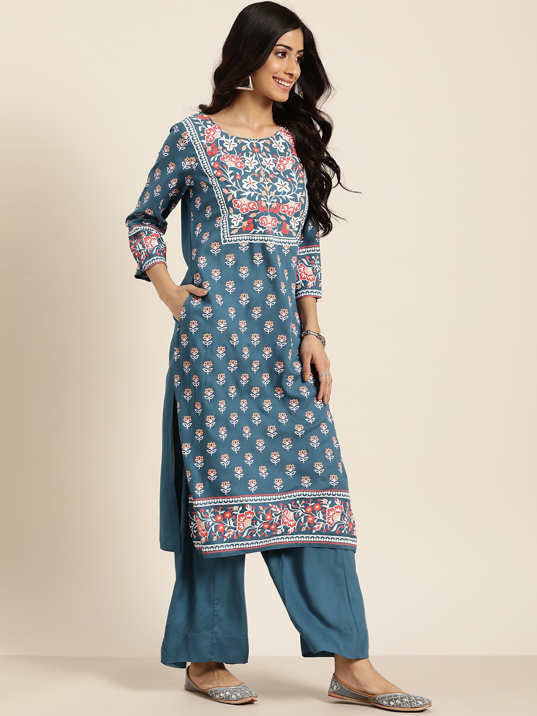 Sangria Women Teal Blue & White Printed Kurta with Palazzos - Distacart