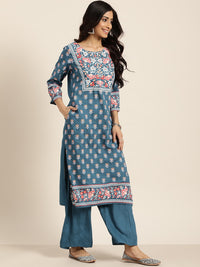Thumbnail for Sangria Women Teal Blue & White Printed Kurta with Palazzos - Distacart