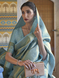 Thumbnail for Mitera Turquoise Blue & Gold-Toned Woven Design Zari Silk Blend Kanjeevaram Saree - Distacart