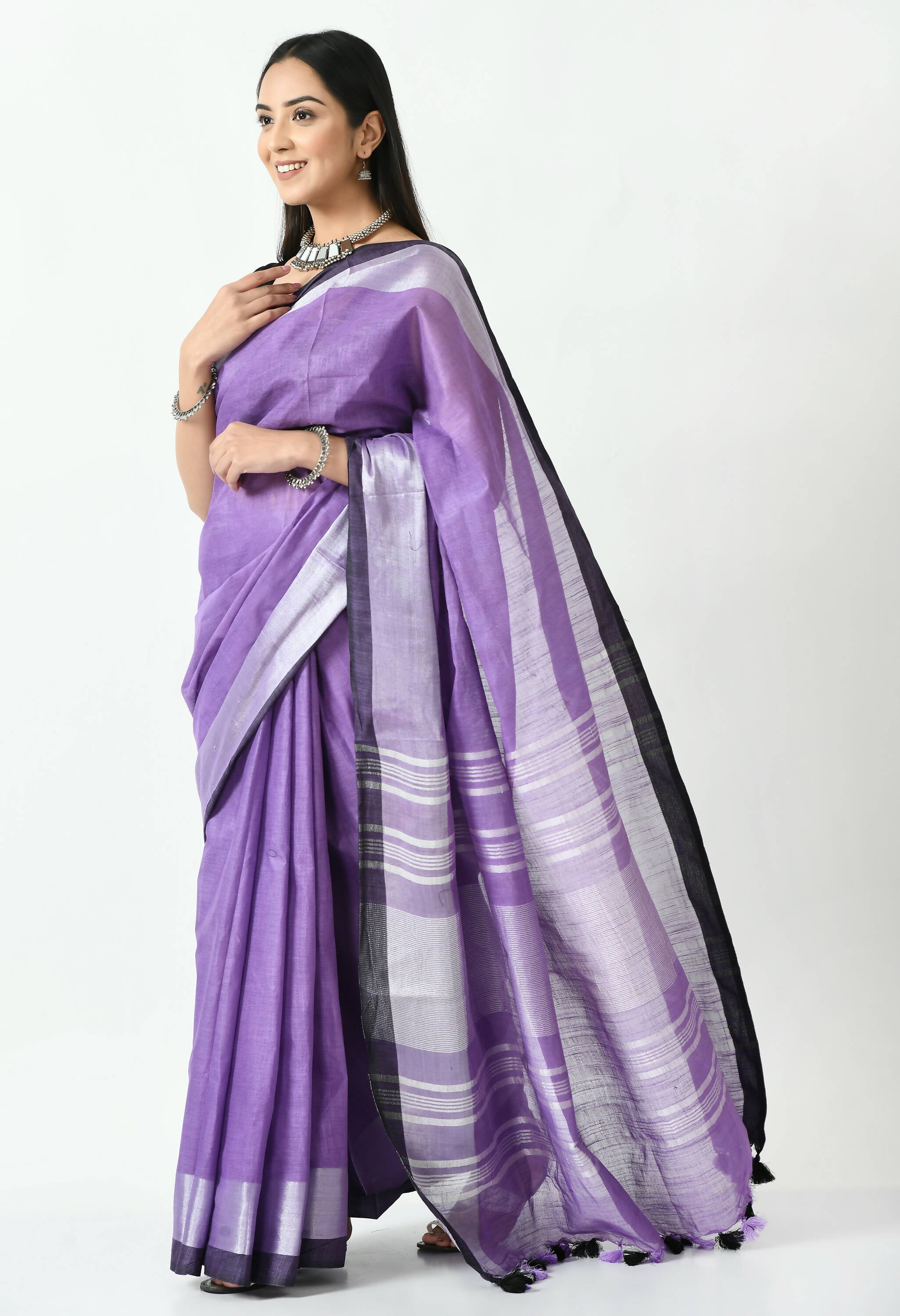 Mominos Fashion Moeza Purple & Black Bhagalpuri Handloom Silk Linen Saree with unstitched Blouse piece - Distacart