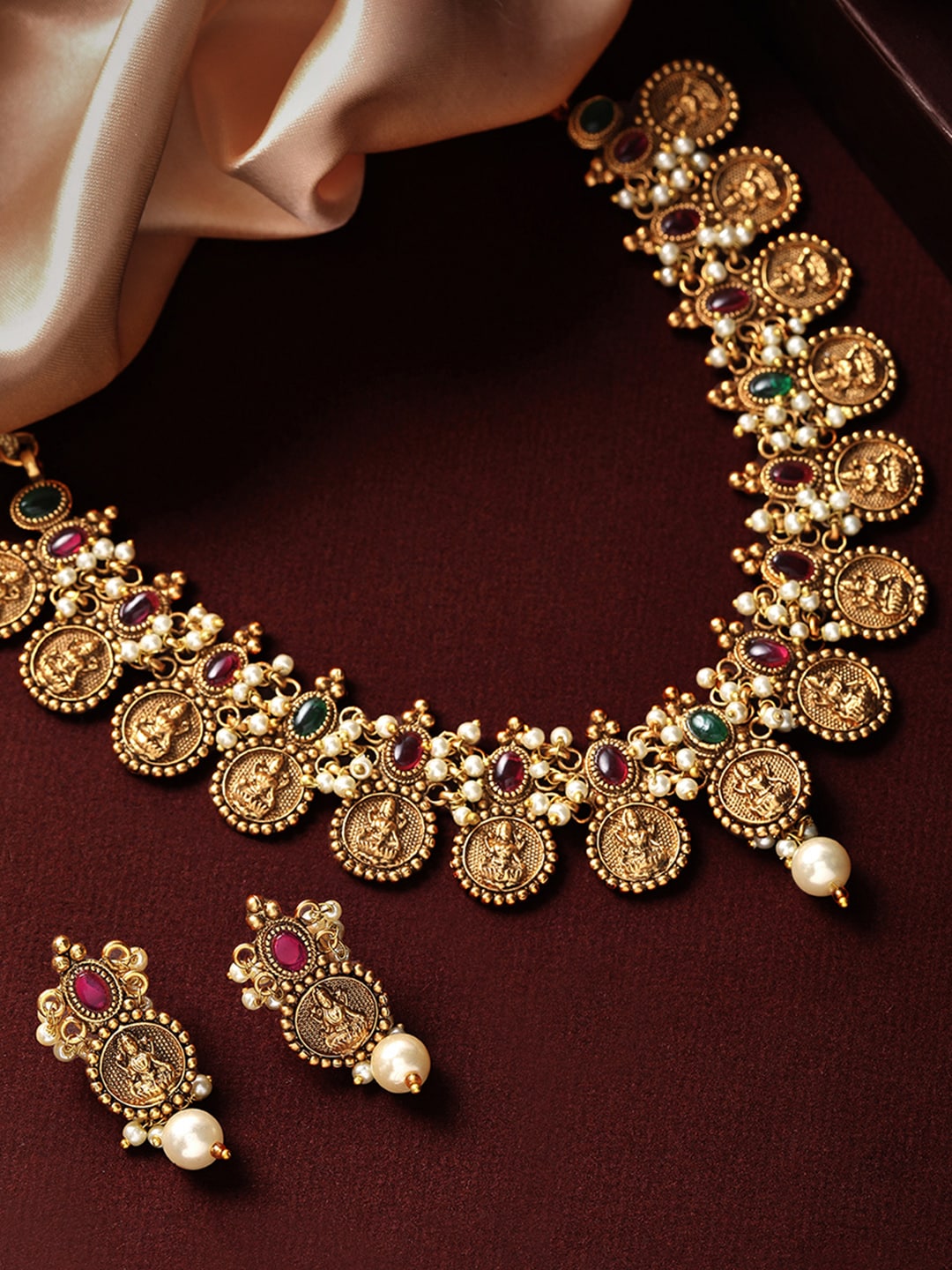 Rubans 24K Gold-Plated Red & Green Stone-Studded & Beaded Filgree Handcrafted Jewellery Set - Distacart