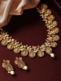 Thumbnail for Rubans 24K Gold-Plated Red & Green Stone-Studded & Beaded Filgree Handcrafted Jewellery Set - Distacart
