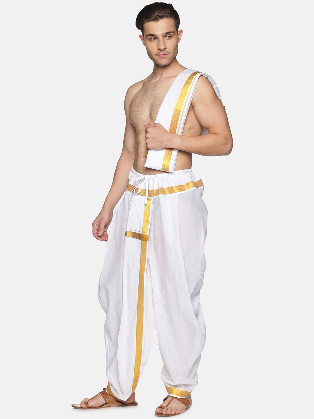Sethukrishna Men White & Gold-Toned Solid Ready Made Dhoti Pants - Distacart