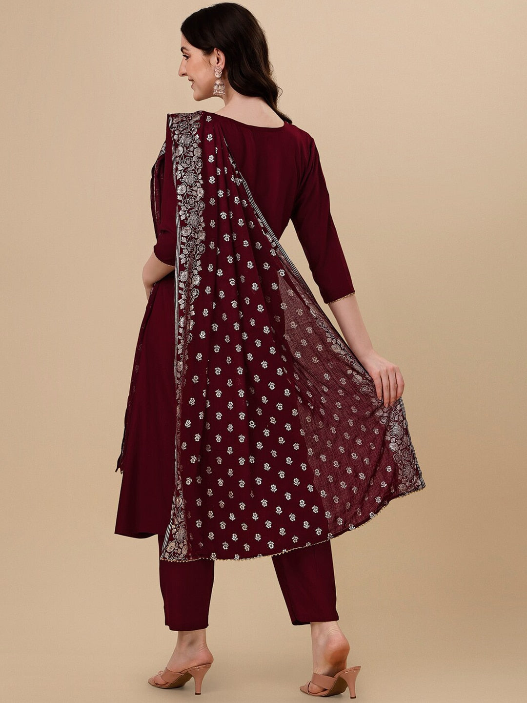 HERE&NOW Maroon & White Gotta Patti Kurta with Trousers & Dupatta - Distacart
