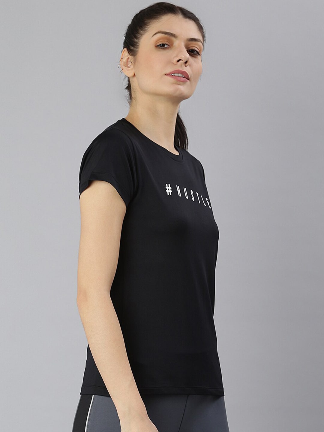 MKH Women Black Typography Printed Dri-FIT Sports T-shirt - Distacart