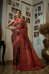 Thumbnail for Vardha Myrtle Wine Golden Zari Kanjeevaram Silk Saree