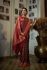 Thumbnail for Vardha Myrtle Wine Golden Zari Kanjeevaram Silk Saree